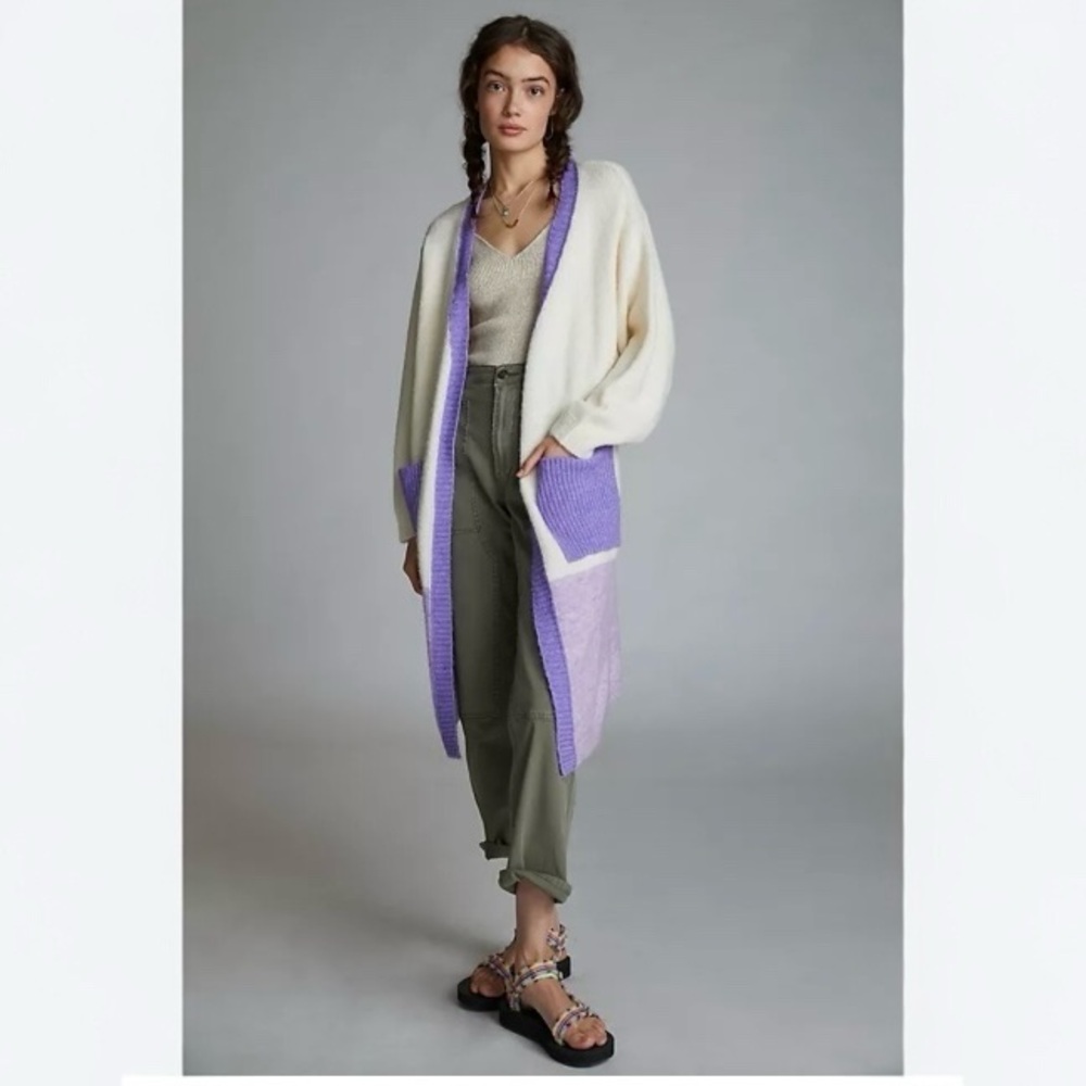 Frnch cream purple color block open duster cardigan